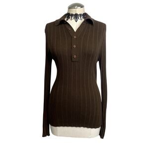 Vintage 90s Y2K Grunge Brown Ribbed Collar Henley Long Sleeve Sweater Preppy